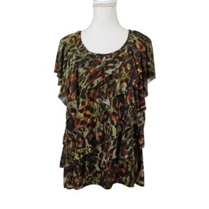 Notations Plus Size Green and Burnt Orange Brown Leopard Print Ruffle Blouse Top
